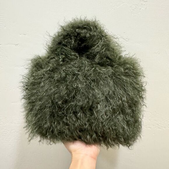 Olive Green Handmade Genuine Curly Shearling Top Handles Bag/Crossbody - Picture 5 of 16